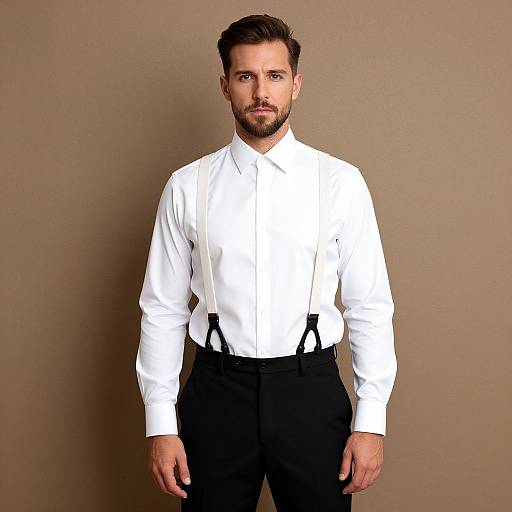 Photograph of a handsome, bearded man with short brown hair, wearing a white dress shirt, black suspenders, and black pants, standing against