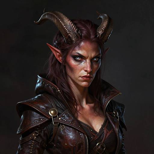 Digital artwork of a fierce demon woman with dark horns, pointed ears, and glowing blue eyes, wearing a black leather jacket against a dark background.