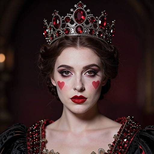 Photograph of a pale-skinned woman with red heart makeup on her cheeks, wearing a jeweled crown, red lipstick, and a black dress with