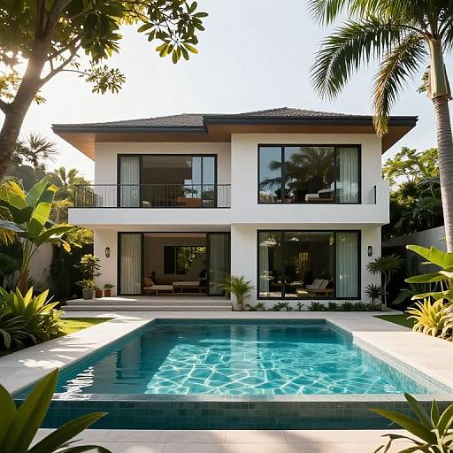 Photograph of a modern two-story white house with large black-framed windows, surrounded by lush greenery, and a sparkling blue rectangular pool in the