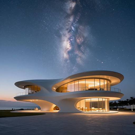 Photograph of a futuristic, white, two-story house with curved, organic shapes, illuminated at night, with the Milky Way visible in the starry
