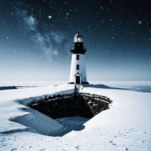 Snow-Covered Lighthouse with Deep Void Base