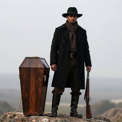 Mysterious Man on Rocky Hill with Coffin