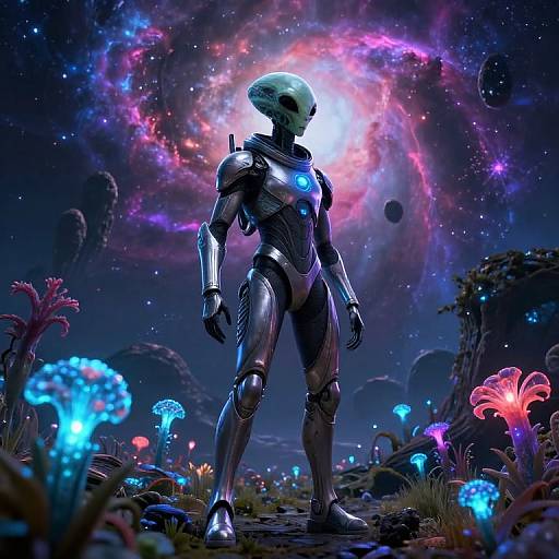 Digital artwork of a silver, humanoid robot with a glowing blue chest emblem, standing in a vibrant, alien forest under a colorful nebula.