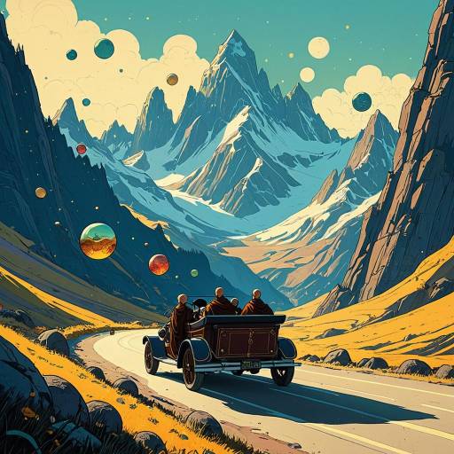 Monks Driving Vintage Car Through Fantasy Mountains