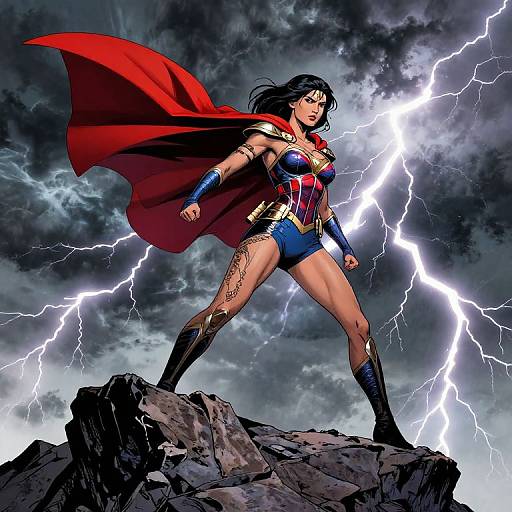 Digital art of Wonder Woman standing on a rock, surrounded by lightning, wearing red cape, blue shorts, gold armor, and boots. Stormy,