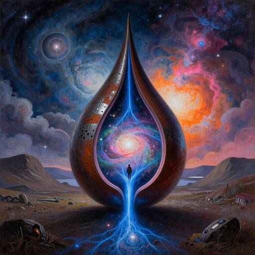 Digital art of a cosmic, teardrop-shaped structure with a glowing, blue, central light, surrounded by vibrant, colorful nebulae and a