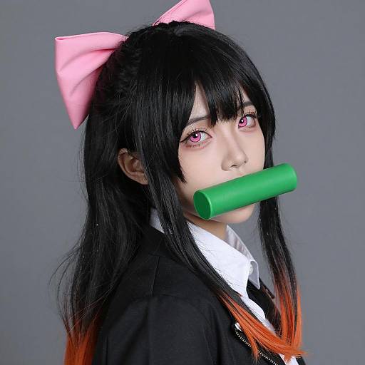 Cosplay Woman with Pink Bow and Green Cylinder