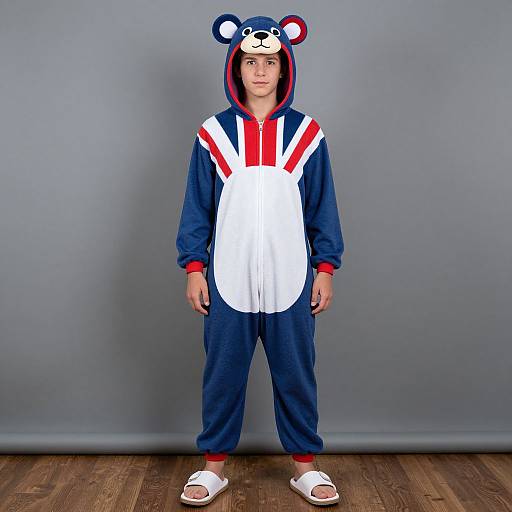 Photograph of a young boy in a blue and red bear-themed onesie with white vest and hood, standing on wooden floor against gray backdrop.