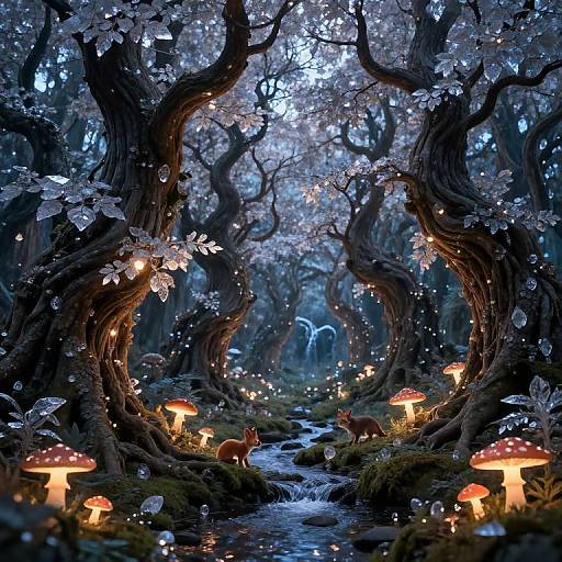 Magical forest scene: twisted, glowing trees with white blossoms, illuminated mushrooms, a fox, and a flowing stream under twilight sky.