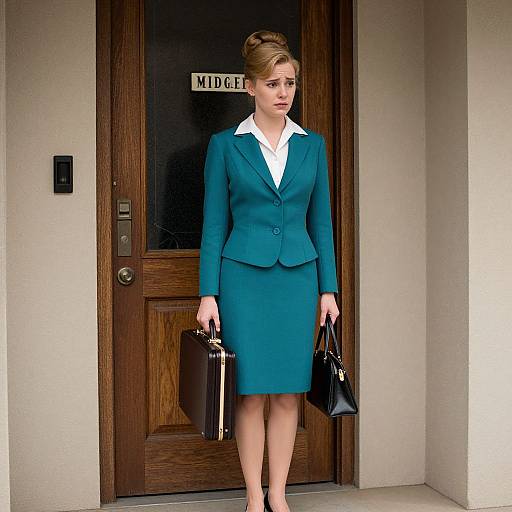 Photograph of a serious-looking woman in a teal business suit, white shirt, holding a briefcase and black handbag, standing in front of a