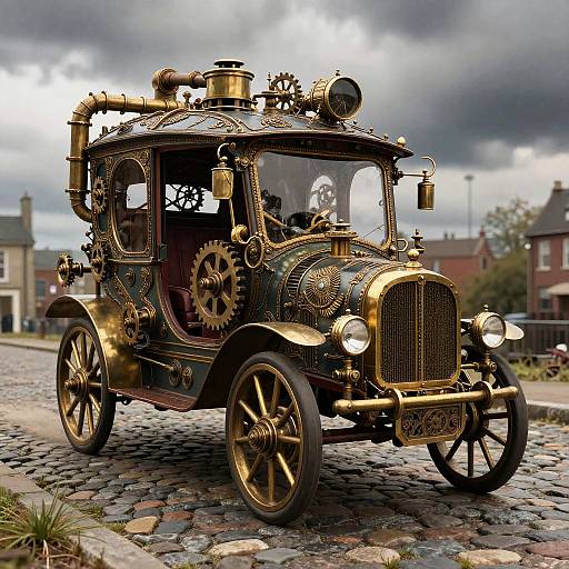 Photorealistic CGI of an ornate, vintage, brass and black steam-powered car with large spoked wheels on a cobblestone street, under