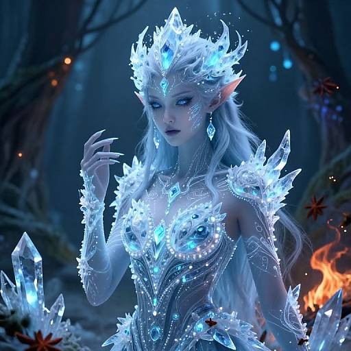 Digital artwork of a glowing, ethereal elf woman with white hair, ice-like crown, and crystal armor, standing in a dark, enchanted forest with