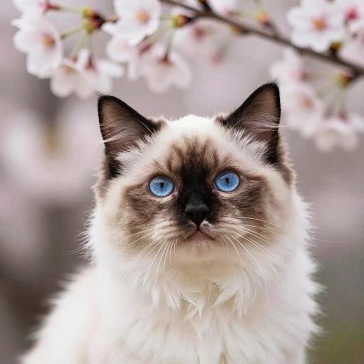 Curious Ragdoll Cat Among Cherry Blossoms