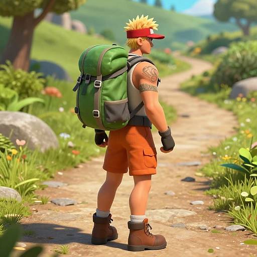 CGI image of a muscular, blonde, anime-style hiker in orange shorts, red cap, green backpack, brown boots, and black gloves,