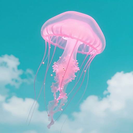 Photorealistic CGI of a glowing pink jellyfish with translucent tentacles floating against a clear blue sky with fluffy white clouds.