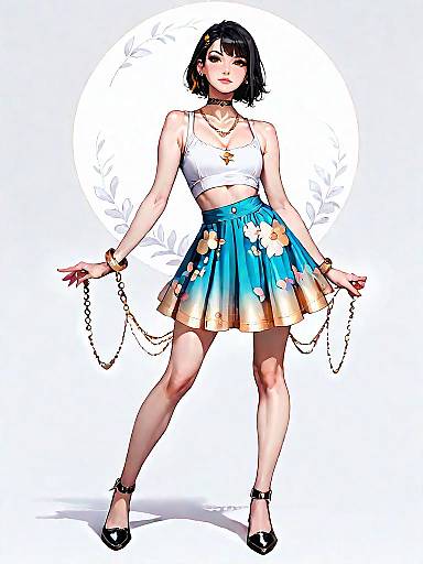 Stylish Girl in Floral Embroidered Skirt