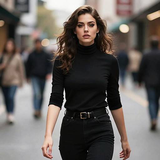 Photograph of a confident brunette woman with wavy hair, wearing a black turtleneck and high-waisted black pants, walking down a busy