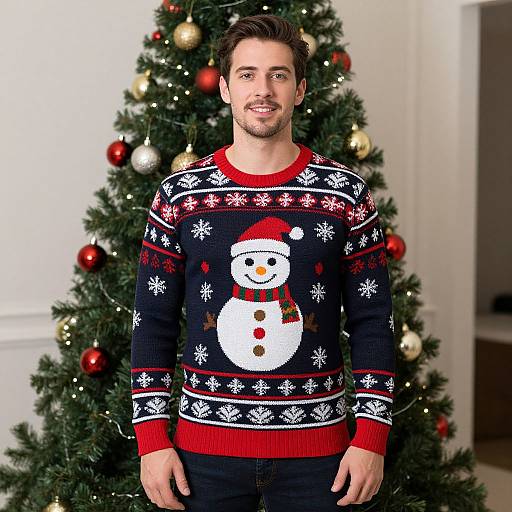 Photograph of a smiling, bearded man wearing a black Christmas sweater with a snowman design, standing in front of a decorated Christmas tree.