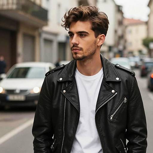 Casual Man in Black Leather Jacket