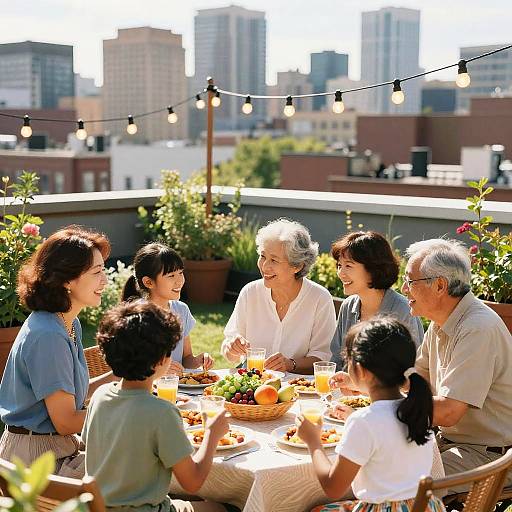 Sunlit Rooftop Community Garden Family Picnic