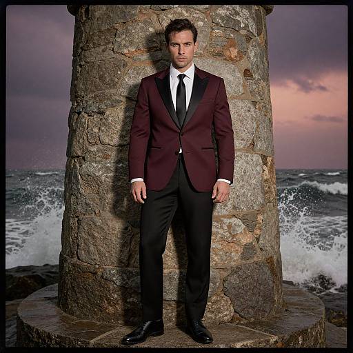 Photograph of a handsome man in a dark burgundy suit, white shirt, black tie, standing against a stone lighthouse, ocean waves crashing in