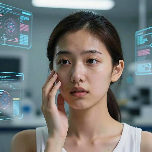 Photograph of an East Asian woman with dark hair, white tank top, touching cheek, focused expression, surrounded by glowing holographic screens in a modern