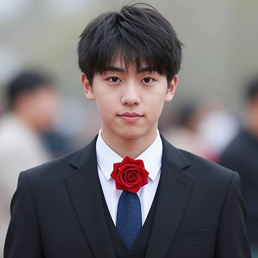 Photograph of a young Asian man in a black suit with a white shirt, blue polka-dot tie, and red rose boutonniere,