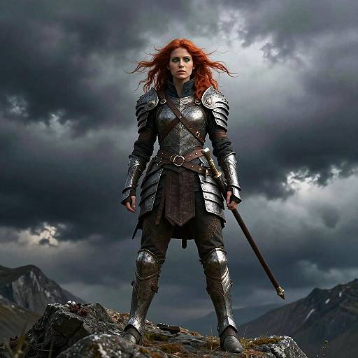 Photograph-style digital artwork of a fierce red-haired warrior woman in silver armor, standing on rocky terrain, with dark, stormy mountains and cloudy sky