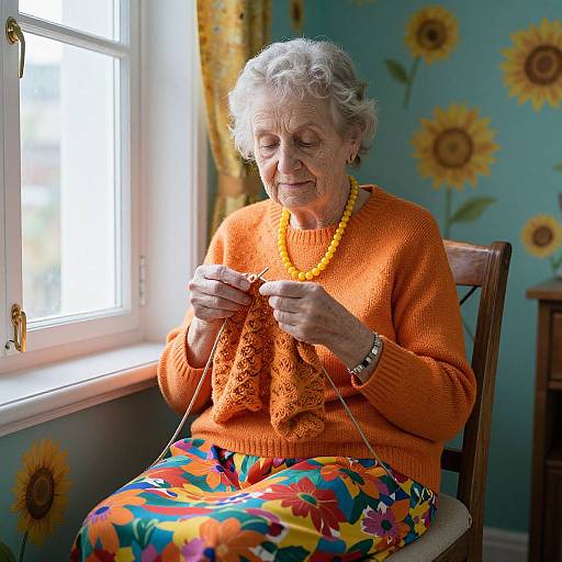Photograph of an elderly white woman with short gray hair, knitting, wearing an orange sweater, yellow bead necklace, and colorful floral pants, seated by
