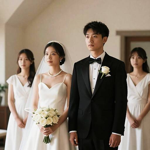 Asian Bride and Groom with Bridesmaids at Wedding