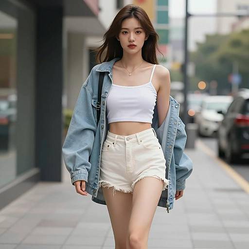 Stylish Woman Walking in Denim Jacket