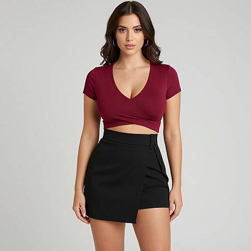 Photograph of a young woman with long dark hair, wearing a maroon V-neck crop top and black high-waisted shorts, standing against a