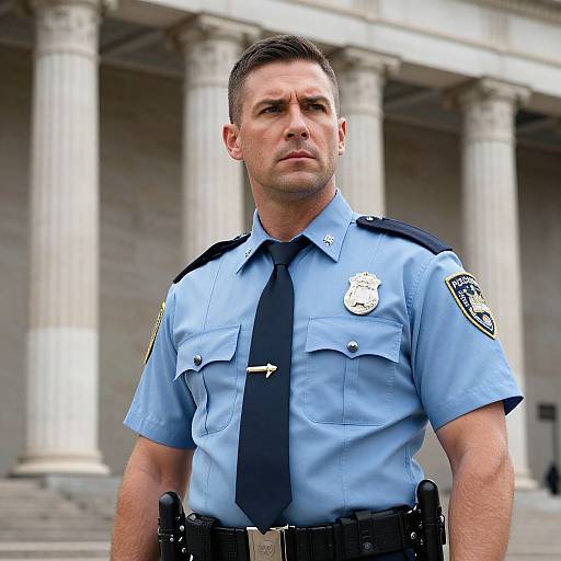 Photograph of a serious-looking male police officer in a light blue uniform with black tie, standing in front of a classical building with white columns.