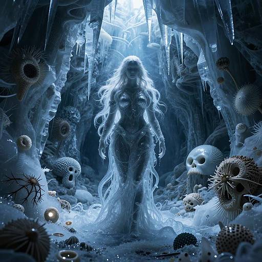 Digital artwork of a ghostly, blue-lit woman with flowing hair, standing in a dark, icy cave surrounded by glowing orbs, spiky fungi