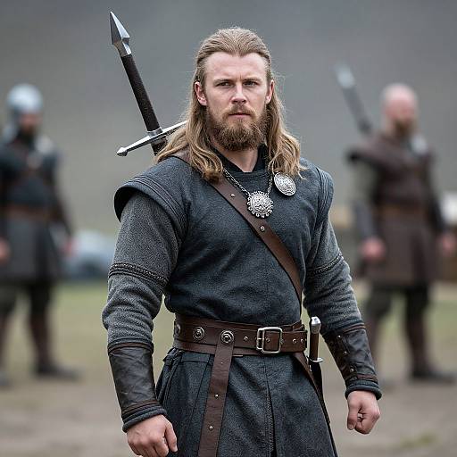 Photograph of a muscular, bearded Viking warrior with long blonde hair, wearing a dark gray tunic, brown belt, and sword on back,