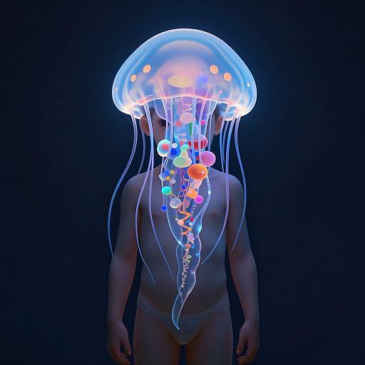 Digital artwork: Naked human figure with glowing, multicolored jellyfish helmet, translucent tentacles, and bioluminescent orbs, against a dark