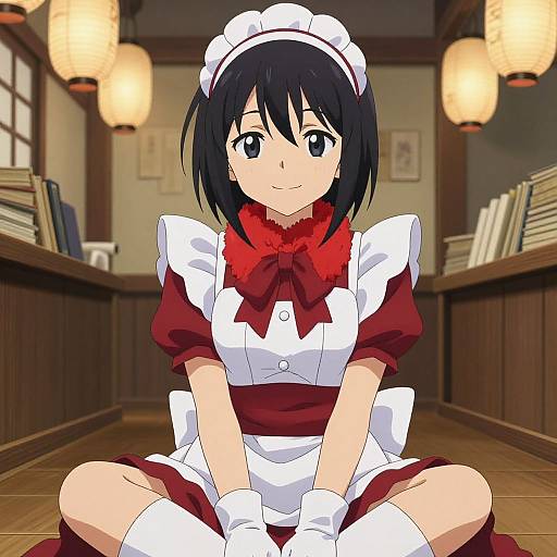Anime-style digital drawing of a black-haired girl in a red and white French maid outfit, sitting on a wooden floor in a warmly lit library.
