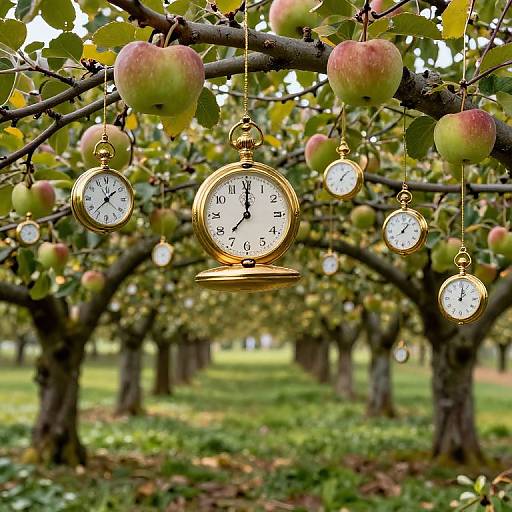 Photograph of a fruit tree with golden pocket watches hanging among red and green apples, set in a lush orchard.