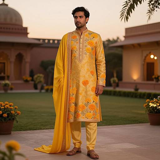 Photograph of a bearded man in a golden-yellow traditional Indian kurta and dupatta, adorned with orange floral embroidery, standing on a stone patio