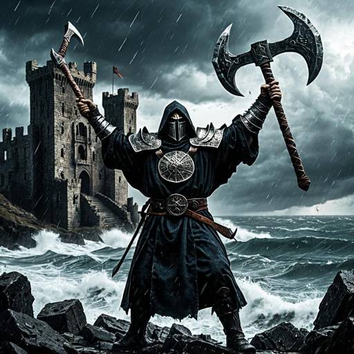 Armored Warrior with Double-Headed Axe at Stormy Castle