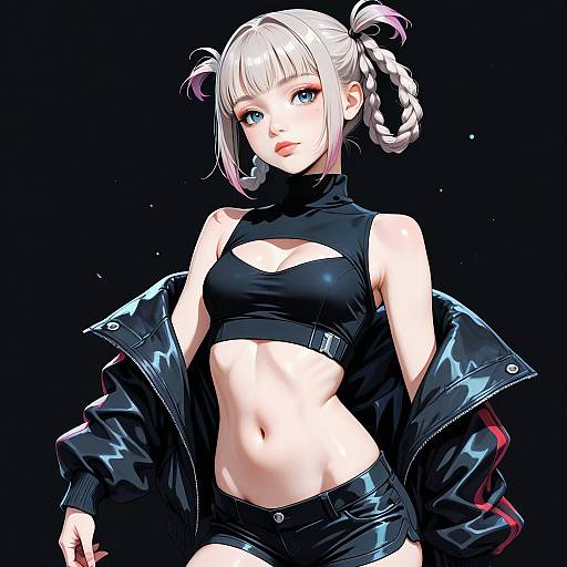 Digital anime-style illustration of a pale-skinned, silver-haired woman with blue eyes, wearing a black crop top, shorts, and unzipped leather
