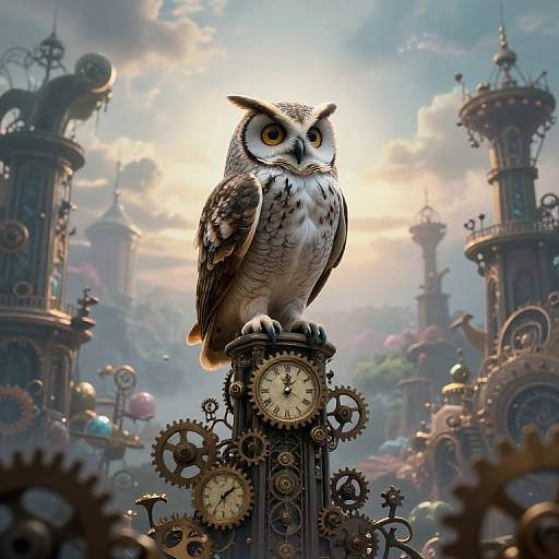 Digital artwork of a detailed, realistic owl with yellow eyes perched on a clockwork pillar, surrounded by steampunk towers and gears in a whims