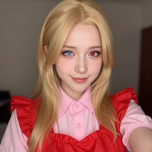 Photograph of a young woman with blonde hair, heterochromatic eyes (blue and red), wearing a pink shirt and red ruffled dress, smiling