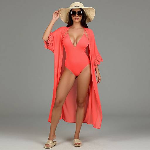 Photograph of a woman with tan skin, wearing a red one-piece swimsuit, long red lace robe, wide-brimmed beige hat, black