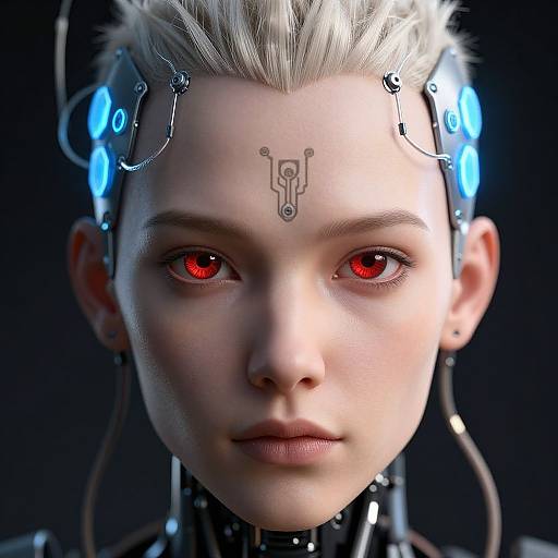 CGI close-up of a pale-skinned, white-haired cyborg woman with glowing blue headgear, red eyes, and a geometric forehead tattoo against