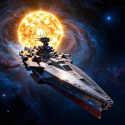 Digital artwork of a futuristic spaceship flying towards a radiant, orange sun with swirling cosmic clouds in a starry space background.
