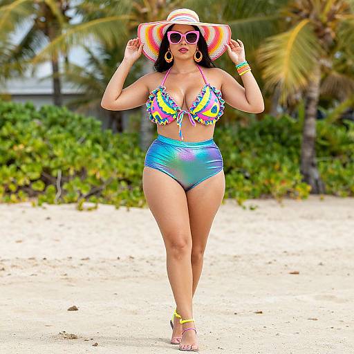 Photograph of a curvy woman with tan skin, wearing a colorful tie-dye bikini, rainbow sunhat, pink sunglasses, and yellow bracelets,