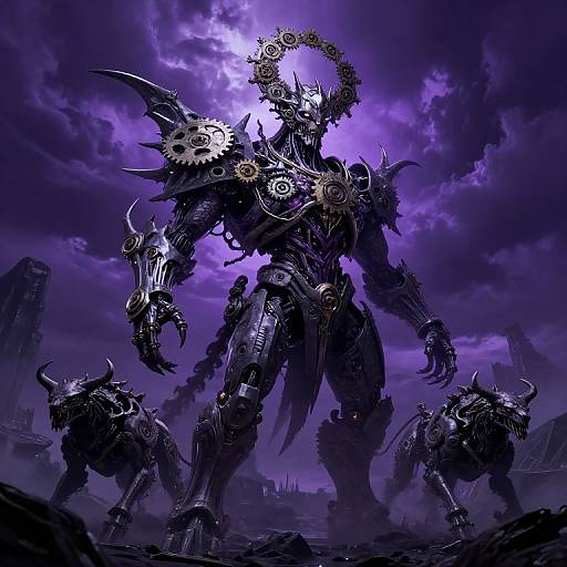 Digital artwork of a towering, cybernetic, horned warrior with gears and spikes, standing under a purple, cloudy sky, flanked by two