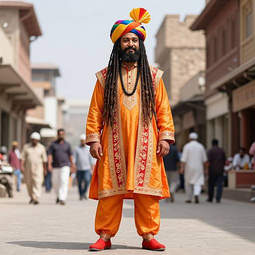 Photograph of a bearded man with long black dreadlocks, wearing an orange traditional Punjabi outfit, colorful turban, and red shoes, standing